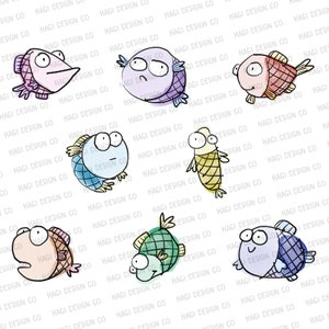 Funny Watercolor Fish Cliparts, Cute Cartoon Clip Art for Kid, Underwater, Ocean, Sea Animal Graphics, Hand Painting Art, Dumb Fish Download