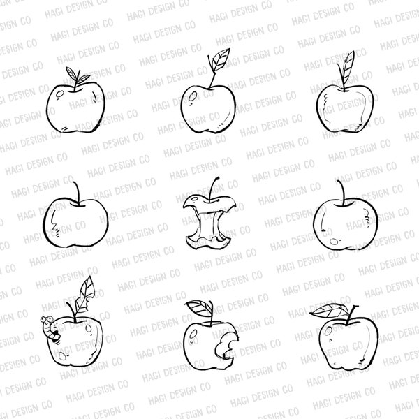 Apple Outlines, Autumn Fruit Graphics, Fall, Black and White Apples, Food, Diet, Cute Cartoon Clip Art, Juicy, October Designs, Drawing, PNG