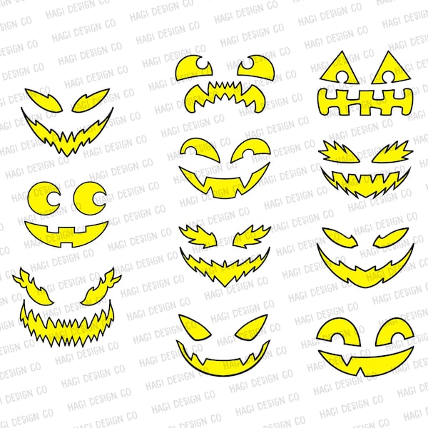 Yellow Pumpkin Face Cliparts, Halloween Graphics, Demon, Evil, Ghost, Jack O Lantern, Pumpkin Eye Mouth, Emotion, Holiday, Horror, Spooky