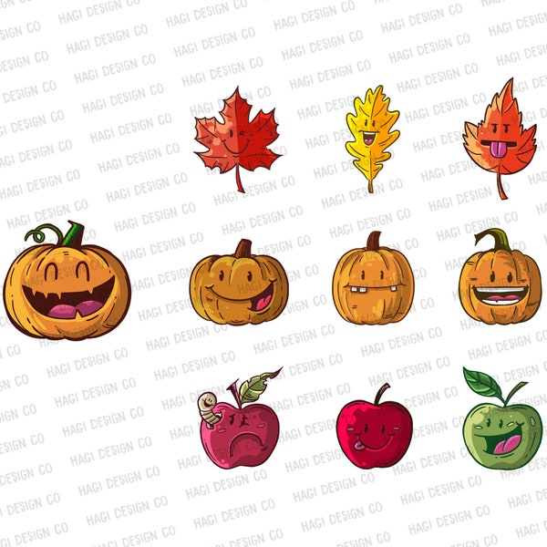 Herbst Ernte Cliparts, Ahorn Blätter, Kürbisse, Äpfel, Süße Cartoon Herbst Grafik, Multicolor Kawaii Arts, Oktober Design, Jack O Windlicht