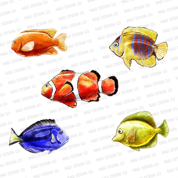 Fish Cliparts, Digital Watercolor Painting, Fish Tank Download, Sea Animals, Neon Color Fishes, Tropical Fishes, Anemonefish, Aquarium Arts