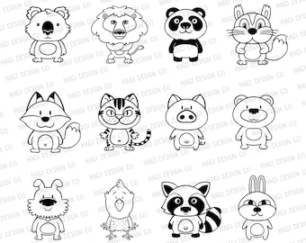 Animal Outlines, Clip Art, Cute Cartoon Animals, Illustration, Line Arts, Coloring, Mascot, Lion, Rabbit, Bear, Fox, Chicken, Panda, Cat, BW