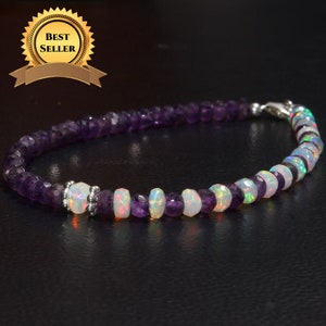 Natural Amethyst Bracelet, Ethiopian Opal Bracelet, 925 Sterling Silver Handmade Bracelet , Amethyst Jewelry, Faceted Beads , Opal Jewelry,