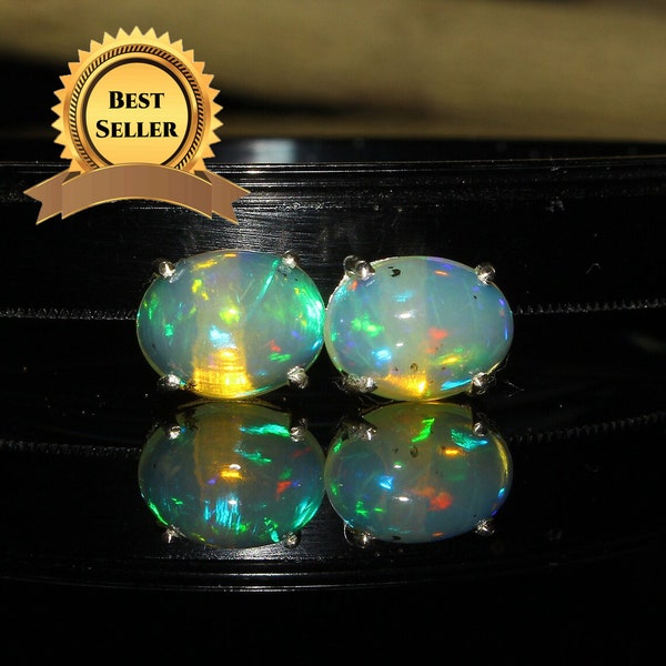 Stud Earring - Minimalist Opal Stud - Sterling Silver Earring - Fire Opal Earring - Tiny Opal Earring - Gioielli opali etiopi - Opal Tops