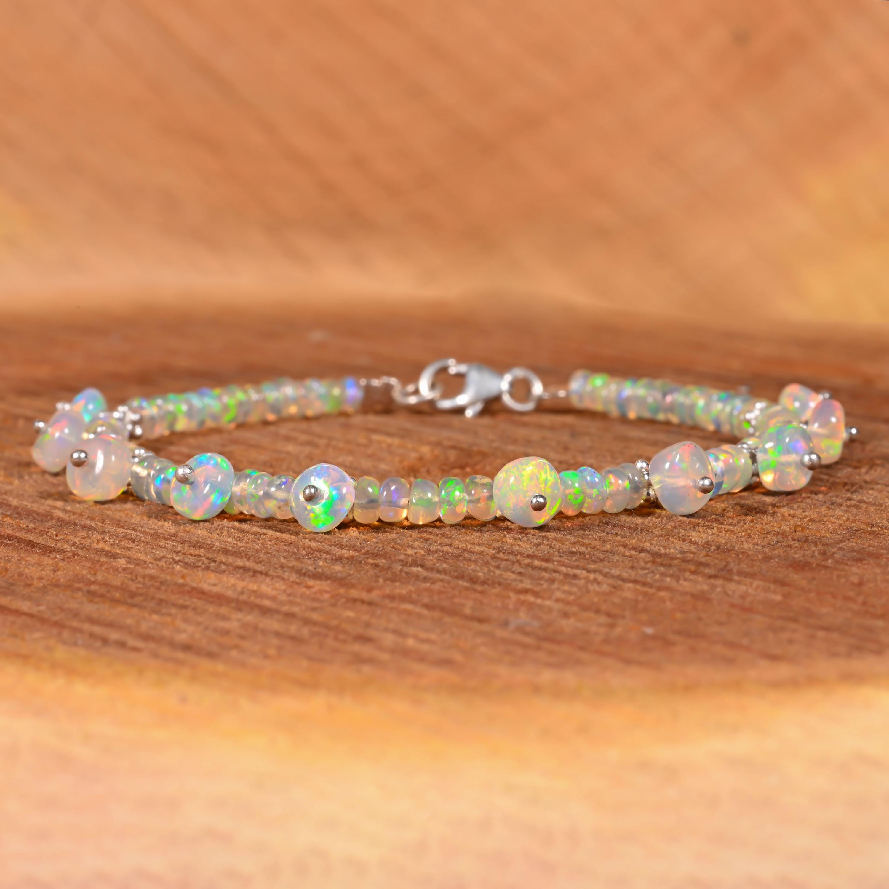 D'Joy Natürlicher, äthiopischer Welo Opal Armband Ca. 19 Cm + 5 Cm Extender, 925 Silber Rhodiniert Ca. 18,00 Ct