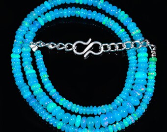 Handmade Blue Opal Necklace, Blue Opal Necklace, October Birthstone, Blue Smooth Beads, Opal Jewelry, 14" Blue Opal, Natural Ethiopian Opal