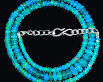 16 Zoll (ca. 40 cm) lange, wunderschöne Paraiba-Opal-Halskette, handgefertigt, natürlicher äthiopischer Opal, Halskette mit glatten Perlen, Opalschmuck, Geburtsstein für Oktober