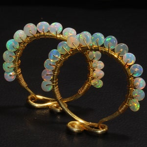 Natural Opal Hoop Earring - Opal Earring - Sterling Silver Earring - Fire Opal Earring -Natural Smooth Opal Earring - Ethiopian Opal Jewelry