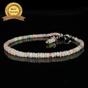 Natural Ethiopian Opal Beads Bracelet, Smooth Opal Bracelet, Silver Opal Bracelet, Multi Fire Opal Bracelet, Opal Jewelry, Handmade Bracelet