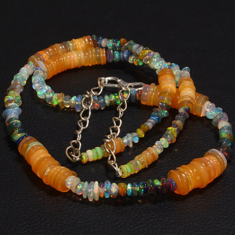 53 Carat 16 Handmade Opal Necklace Tumble Opal Necklace Multi Color Necklace Natural Ethiopian Fire Opal Coins Necklace