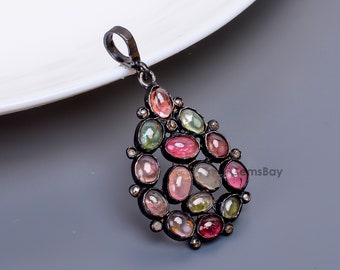 Natural Multi Tourmaline Pendant Gemstone, 925 Sterling Silver Pendant, Diamond Pendant, Handmade Pendant, Women Handmade Tourmaline Pendant