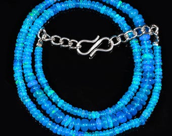 Handmade Blue Opal Necklace, Blue Opal Necklace, October Birthstone, Natural Ethiopian Opal, Blue Smooth Beads, Opal Jewelry, 14" Blue Opal