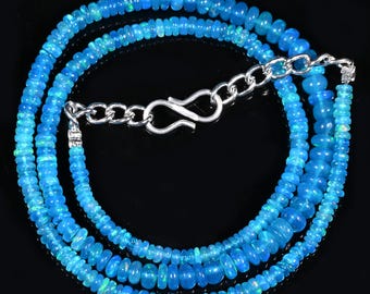 Natural Ethiopian Opal, Handmade Blue Opal Necklace, Blue Opal Necklace, October Birthstone, Blue Smooth Beads, Opal Jewelry, 14" Blue Opal