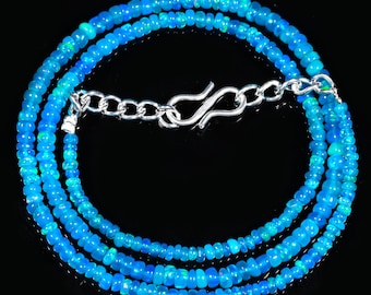 14" Incredible Blue Opal Necklace, October Birthstone, Handmade Blue Opal Necklace, Natural Ethiopian Opal, Blue Smooth Beads, Opal Jewelry
