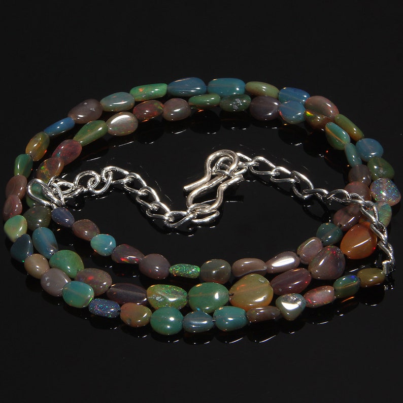 Natural Ethiopian Welo Fire Tumble Opal Necklace Ethiopian Opal Smooth Opal Black Opal Necklace Handmade Opal Tumble Opal Necklace