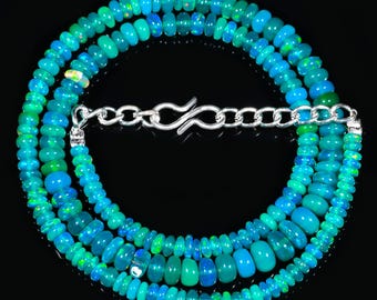16 Zoll (ca. 40 cm) lange, wunderschöne Paraiba-Opal-Halskette, handgefertigt, natürlicher äthiopischer Opal, Halskette mit glatten Perlen, Opalschmuck, Geburtsstein für Oktober