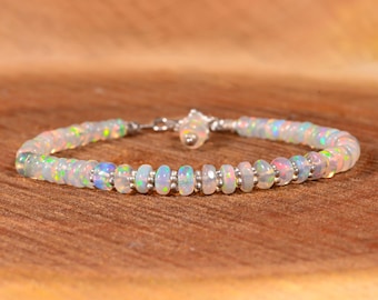 White Smooth Fire Opal Beads Bracelet, Welo Fire Opal Bracelet, 925 Sterling Silver Bracelet, October Birthstone, Minimalist Bracelet, Opal