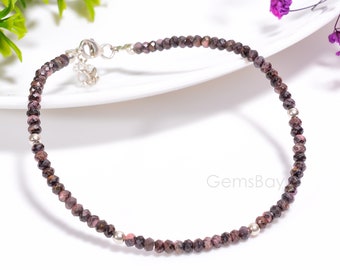 Pulsera de plata de ley 925, pulsera de cuentas facetadas de rodonita natural, pulsera minimalista de rodonita, pulsera hecha a mano, pulsera de cuentas