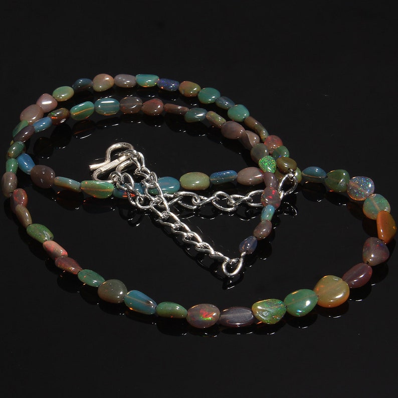 Natural Ethiopian Welo Fire Tumble Opal Necklace Ethiopian Opal Smooth Opal Black Opal Necklace Handmade Opal Tumble Opal Necklace