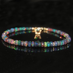 Natural Ethiopian Black Opal Bracelet • Faceted Opal Rondelle Beaded Bracelet • Minimalist Bracelet • Gift for Her, October Birthstone •