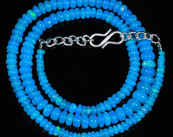 Handmade Blue Opal Necklace, Blue Opal Necklace, October Birthstone, Blue Smooth Beads, Opal Jewelry, 14" Blue Opal, Natural Ethiopian Opal