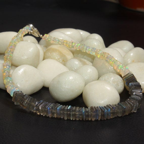 Bracelet Manchette Réglable En Argent 925 Avec Labradorite Et Opale éthiopienne - Fait Main, Pièce Unique