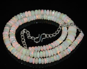 Natural Ethiopian Welo Fire Faceted Opal Beads Necklace - Faceted Beads Necklace - Ethiopian Opal Beads - Rainbow Fire Opal - 74 Carat 15"