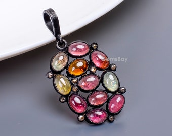 Natural Multi Tourmaline Pendant Gemstone, 925 Sterling Silver Pendant, Diamond Pendant, Handmade Pendant, Women Handmade Tourmaline Pendant