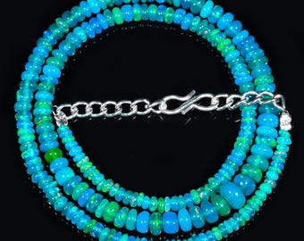 16 Zoll (ca. 40 cm) lange, wunderschöne Paraiba-Opal-Halskette, handgefertigt, natürlicher äthiopischer Opal, Halskette mit glatten Perlen, Opalschmuck, Geburtsstein für Oktober