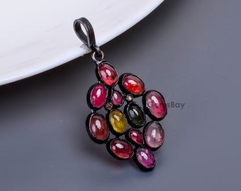 Multi Tourmaline 925 Sterling Silver Pendant, Handmade Diamond Accent