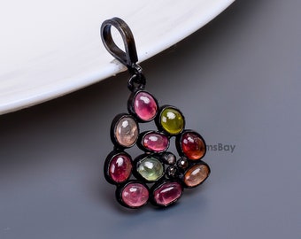 Natural Multi Tourmaline Pendant Gemstone, 925 Sterling Silver Pendant, Diamond Pendant, Handmade Pendant, Women Handmade Tourmaline Pendant