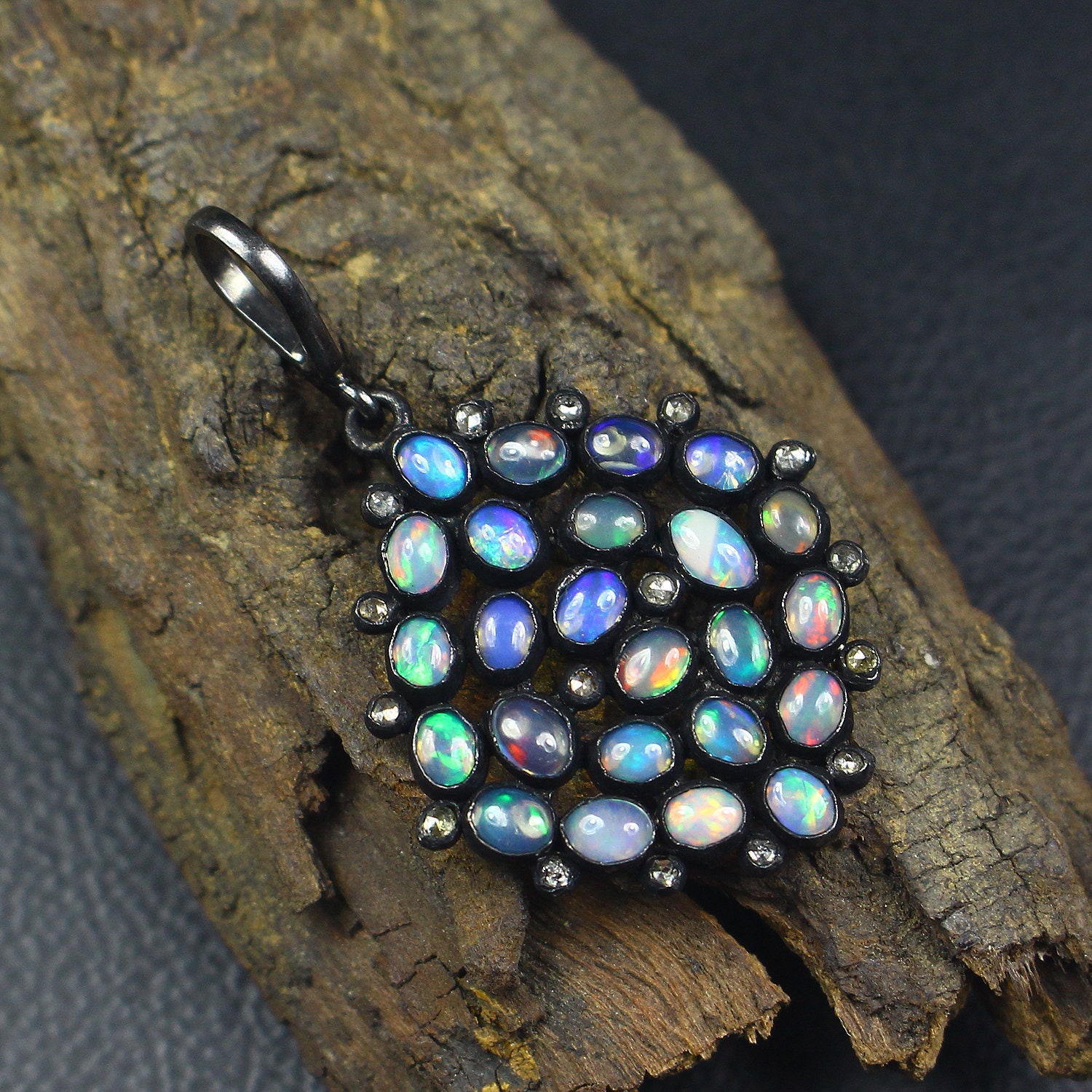 Natural Ethiopian Welo Fire Opal Pendant - Opal Pendant - 925 Sterling Silver Pendant - Black Rhodium Pendant - Diamond Pendant - Jewelry