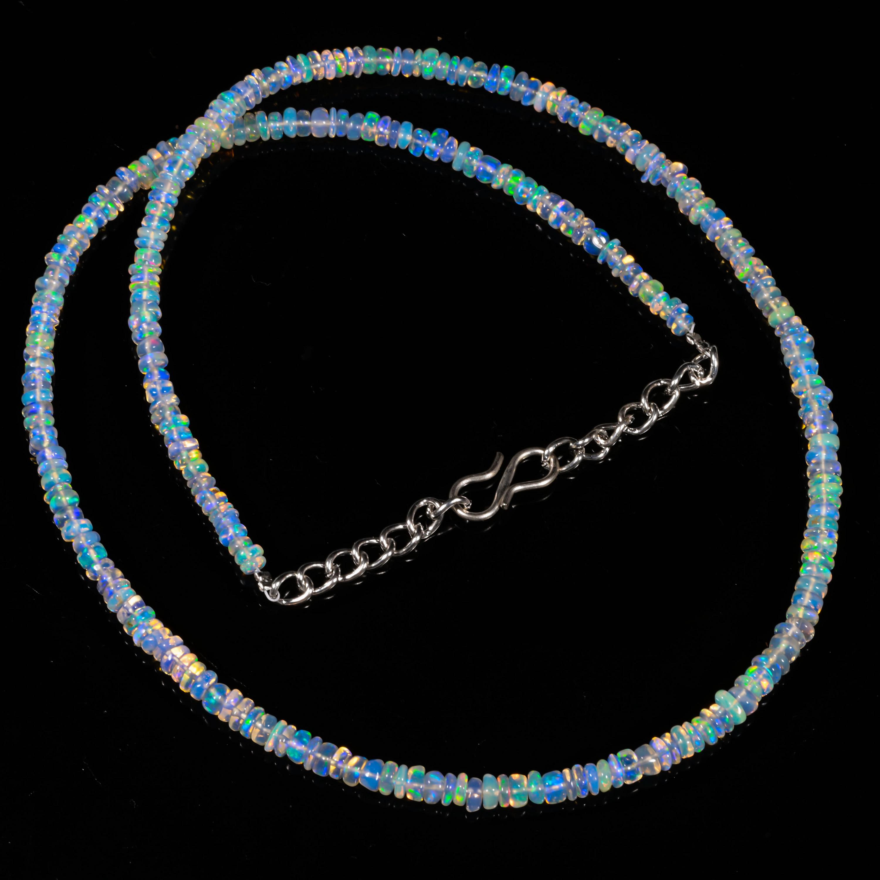 16" Natural Ethiopian Wello Fire Opal Gemstone Bead Necklace - 29 Carat, Purple Opalescent, With 2" Chain - F0445