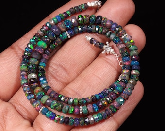 Natural Ethiopian Black Faceted Opal Necklace - Faceted Opal Necklace - Black Opal Necklace - Faceted Opal Jewelry - Opal Beads Necklace
