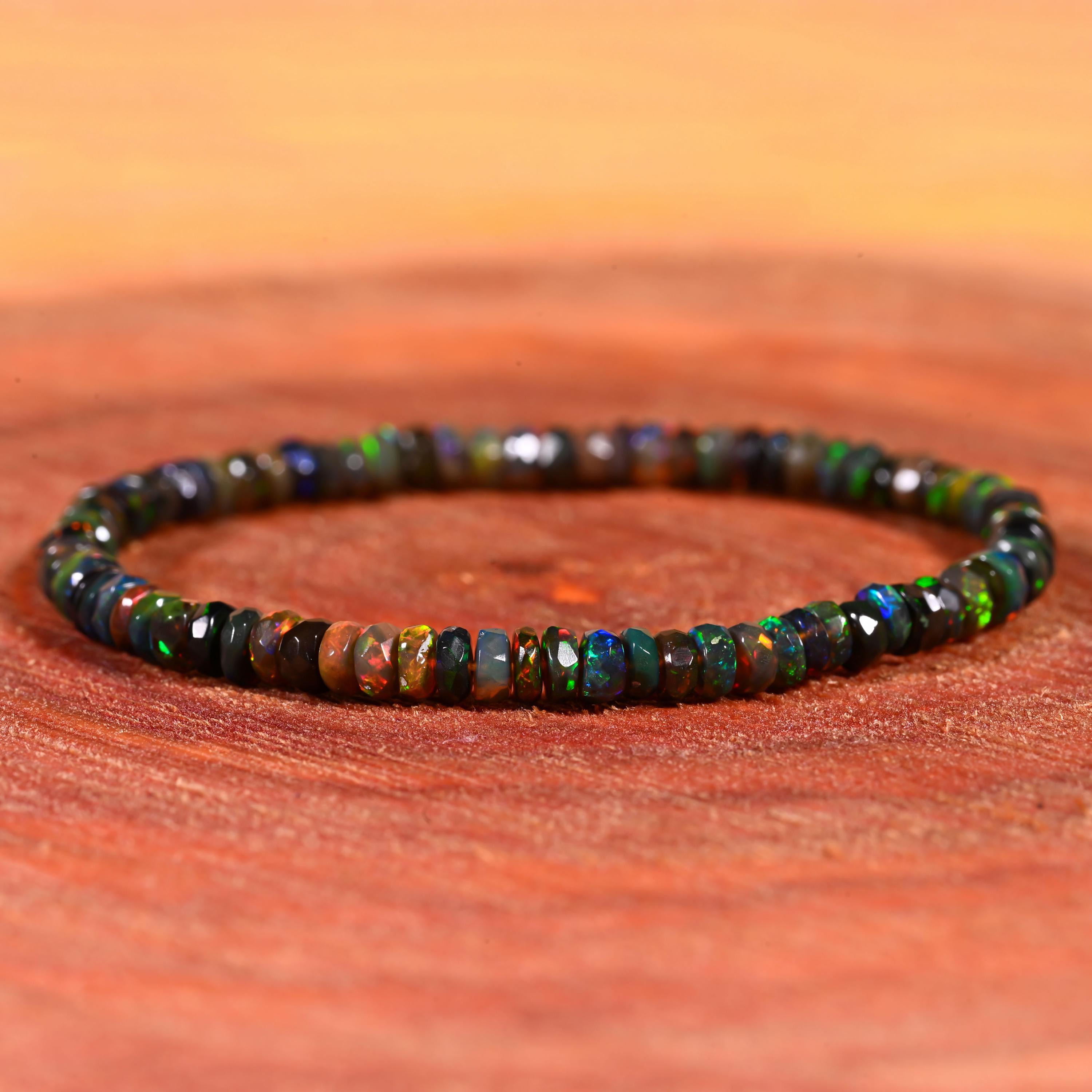 ブラックファイアオパール ブレスレット ブラックファセットファセットファイヤーオパールブレスレット、伸縮性