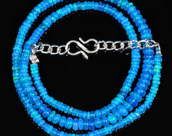 Natural Ethiopian Opal, Handmade Blue Opal Necklace, Blue Opal Necklace, October Birthstone, Blue Smooth Beads, Opal Jewelry, 14" Blue Opal