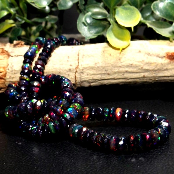Faceted Black Opal Necklace Strand, Ethiopian Rondelle Beads (3-5 MM)