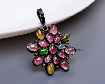 Natural Multi Tourmaline Pendant Gemstone, 925 Sterling Silver Pendant, Diamond Pendant, Handmade Pendant, Women Handmade Tourmaline Pendant