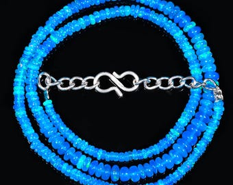 Blue Opal Necklace, October Birthstone, Handmade Blue Opal Necklace, Natural Ethiopian Opal, Blue Smooth Beads, Opal Jewelry, 14" Blue Opal