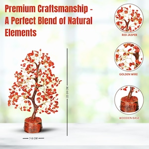 Könnte beinhalten: Baum aus rotem Jaspis-Edelstein mit goldenen Drahtzweigen und einem Holzsockel. Der Baum ist 22-24 cm hoch und 7-8 cm breit. Premium-Handwerkskunst - Eine perfekte Mischung aus natürlichen Elementen.