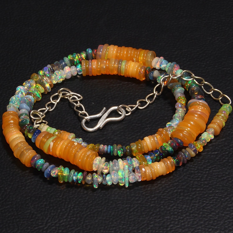 53 Carat 16 Handmade Opal Necklace Tumble Opal Necklace Multi Color Necklace Natural Ethiopian Fire Opal Coins Necklace