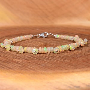 A++ Faceted Fire Opal Beads Bracelet, 925 Sterling Silver Bracelet, Welo Fire Opal Bracelet, White Opal, Minimalist Fire Opal Bracelet,