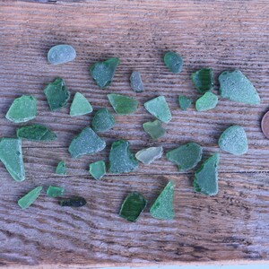 May include: A selection of green sea glass fragments, displayed on a rustic wooden board. A one penny coin is placed nearby for scale. The sea glass pieces vary in shape and tone, from light to dark green.