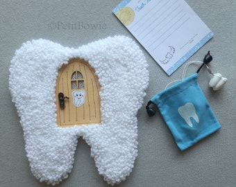 Tooth fairy house, with note, tooth box, and money pouch