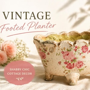May include: Vintage footed planter with a scalloped rim, featuring a distressed finish and floral rose pattern. The planter is cream-coloured with pink and red roses. The text "Shabby Chic Cottage Decor" is also visible.