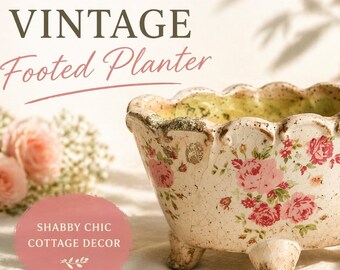 Vaso vintage con piedistallo, ciotola in ceramica shabby chic, vaso per rose rosa, decorazione in stile cottage, vaso romantico in stile francese country