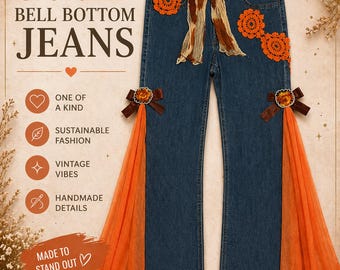 Vintage jeans med klockbotten, återvunna denimjeans med orange paneler – Boho festivalbyxor, handgjorda omarbetade jeans, OOAK-kläder