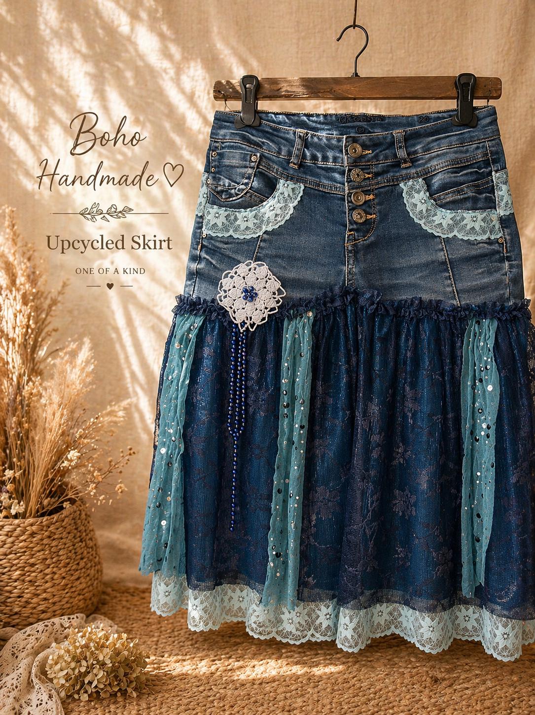 Upcycled Denim Lace Skirt – Blue Boho Skirt, Handmade Reworked