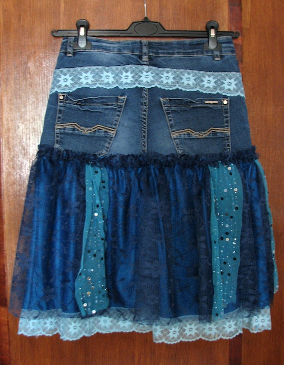 Upcycled Denim Lace Skirt – Blue Boho Skirt, Handmade Reworked
