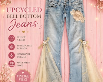 bell bottom vintage denim jeans,Upcycled Denim Jeans with Lace Panels – Boho Festival Pants, Handmade Reworked Jeans, Feminine OOAK Clothing